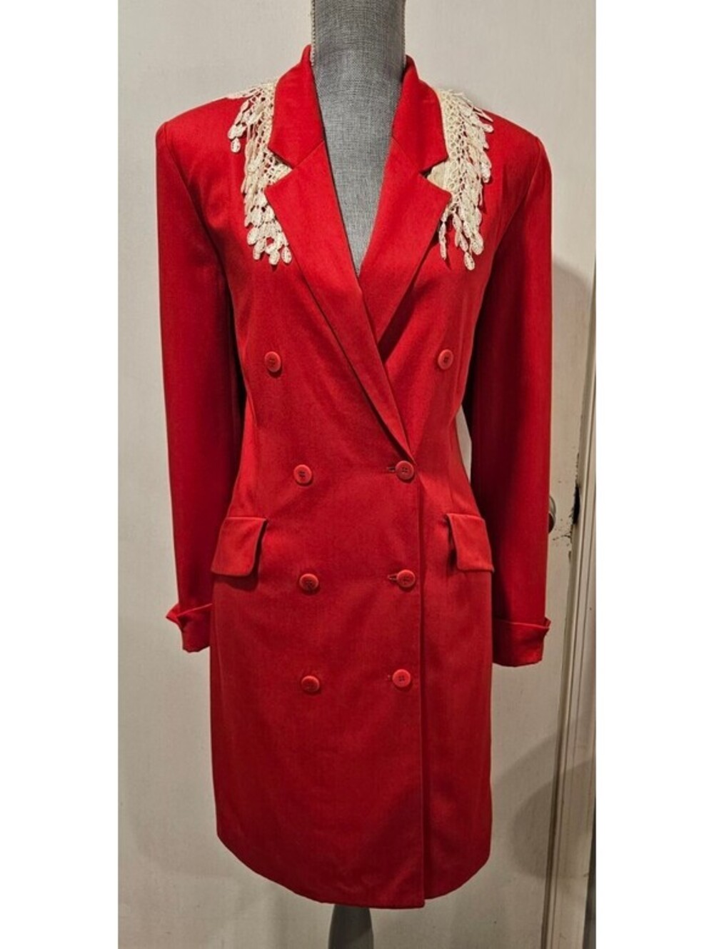 First Issue FI Size 10 Red Double Breasted Blazer Dress Vintage Lace Scarf